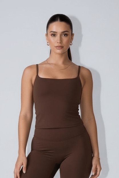 Chocolate Brown Cami Gym Top – Soft Core 2.0 | Pre-Order - Elena Apparel