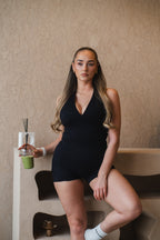Elena Apparel Ultraluxe black halter neck gym unitard