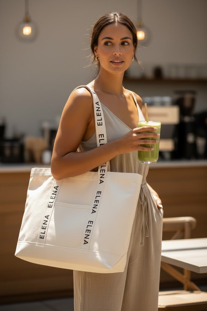 Natural Elena Tote Shopping Gym Bag With Front Pocket - Elena Apparel