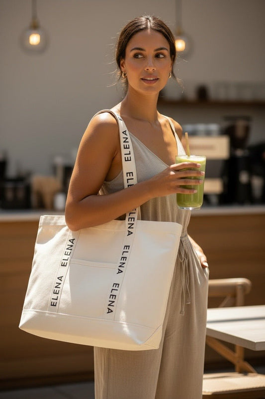 Natural Elena Tote Shopping Gym Bag With Front Pocket - Elena Apparel