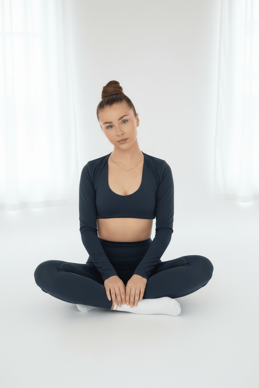 Young woman in The Elena Soft Core Collection - Seamless Racer Back Sports Bra, seated cross-legged, showcasing its supportive, seamless design ideal for varied athletic activities.