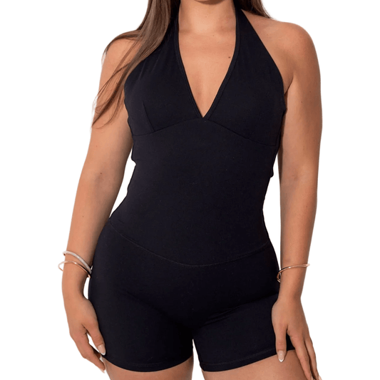 Ultraluxe Black Gym Unitard – Halter Bodysuit with Invisible Scrunch Technology - Elena Apparel