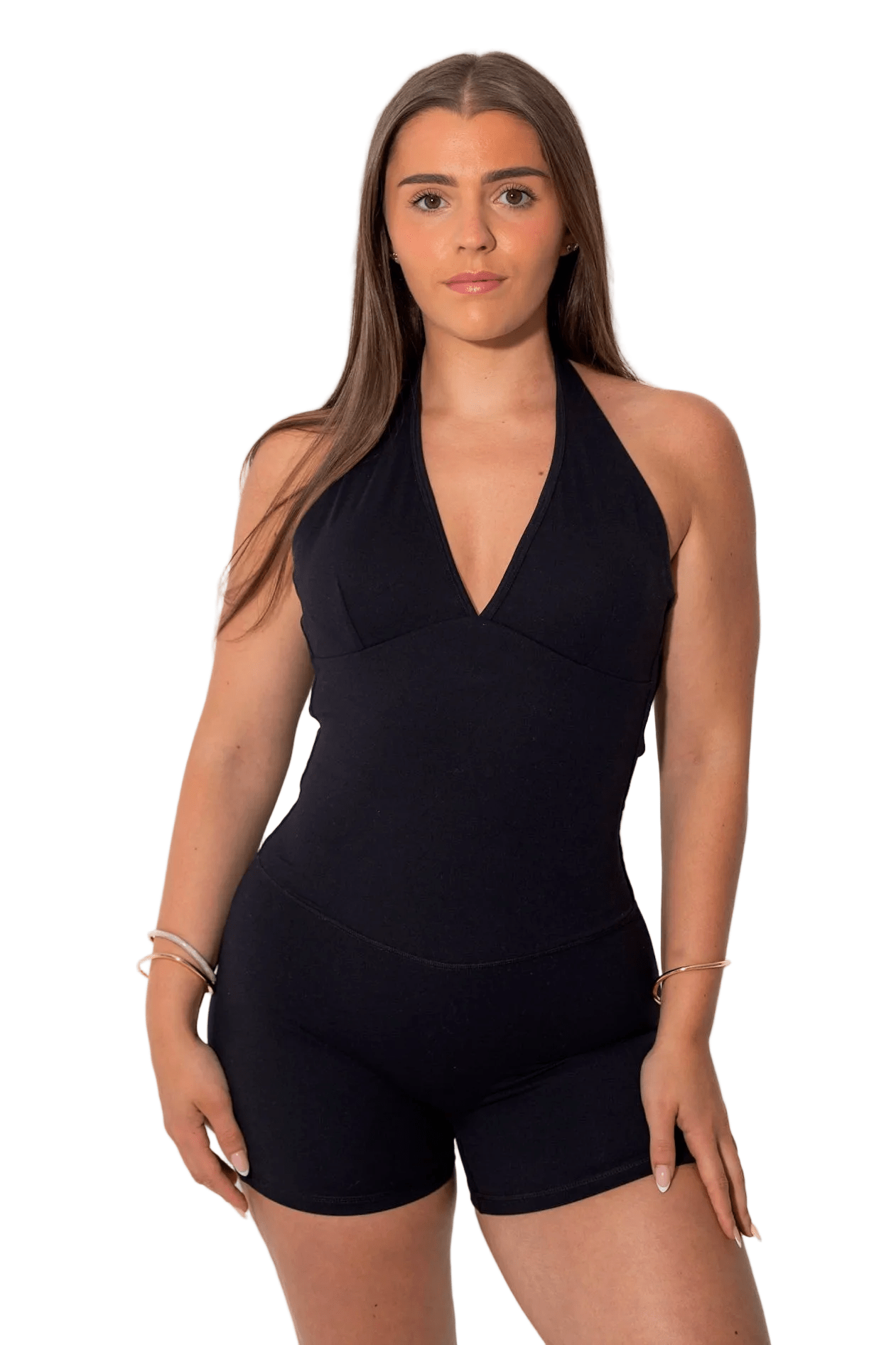 Ultraluxe Black Gym Unitard – Halter Bodysuit with Invisible Scrunch Technology - Elena Apparel